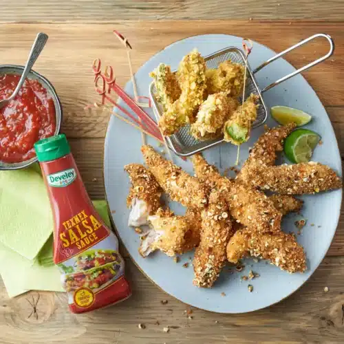 Avocado Fries u Chicken Fingers quer mit Flasche